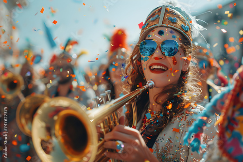 A lively marching band leading an Easter parade with musicians playing brass instruments and confetti falling from the sky, Festive Style photo