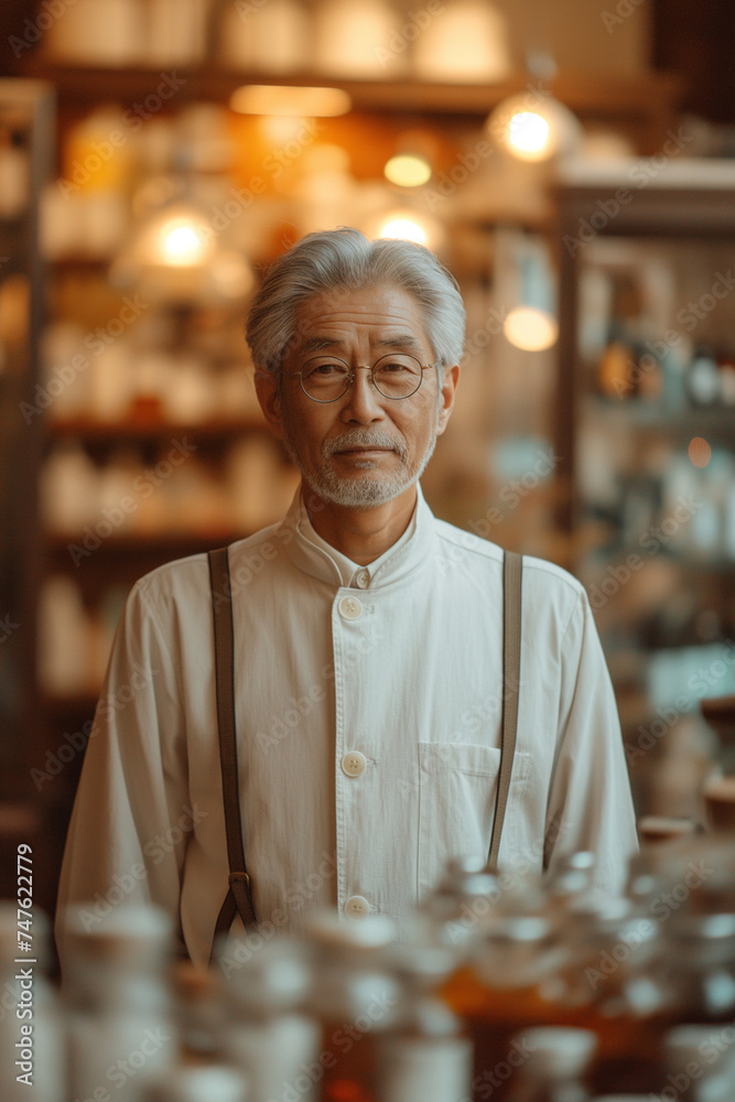 Pharmacist in a pharmacy offering an extensive range of conventional medications and Asian herbs, focusing on integrated health solutions and professional medical consultations for optimal patient Pharmacist in a pharmacy offering an extensive range of conventional medications and Asian herbs, focusing on integrated health solutions and professional medical consultations for optimal patient