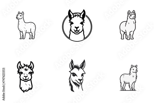 set of lama or alpaca black and white vector illustration isolated transparent background logo, cut out or cutout t-shirt print design