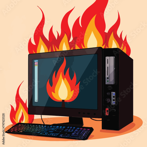 Computer on fire, indicating computer overheating and failure, vector illustration