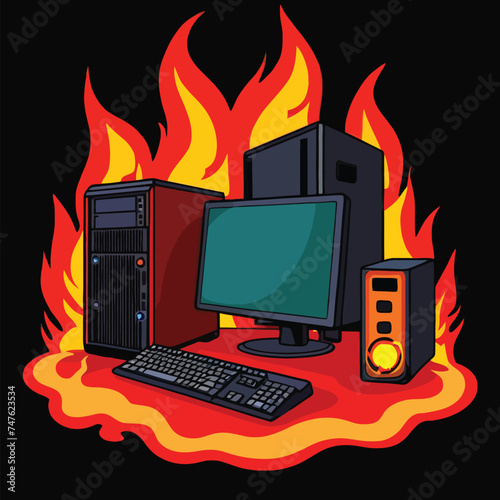 Computer on fire, indicating computer overheating and failure, vector illustration