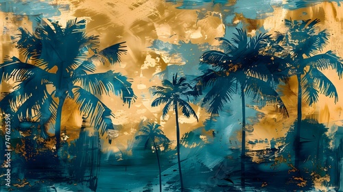 Golden and dark blue and teal palm trees painting . Great for wall art and home decor. 