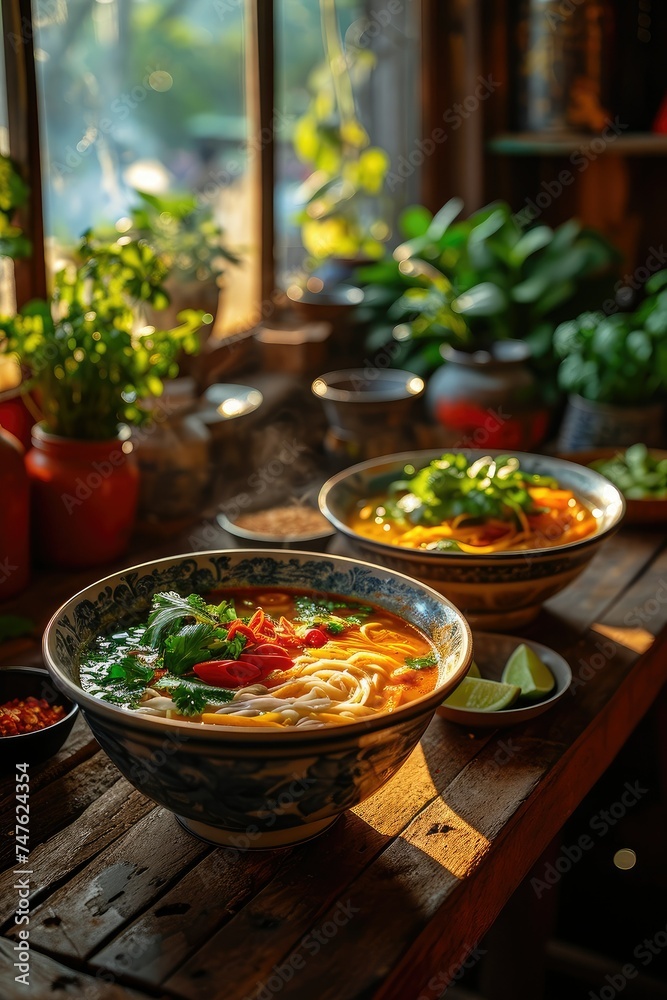 two bowls of asian noodle soup on a wooden table two bowls of asian noodle soup on a wooden table