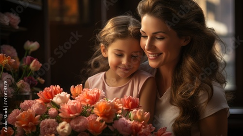 A woman and a little girl are happily holding a bouquet of flowers © Виктория Попова