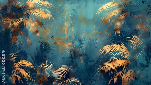 Golden and dark blue and teal palm trees painting . Great for wall art and home decor.  © Ziyan