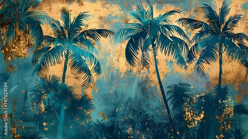 Golden and dark blue and teal palm trees painting . Great for wall art and home decor. 