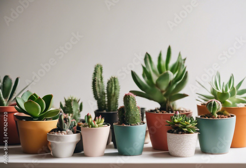 Collection of various succulents and plants in colored pots Potted cactus and house plants on shelf