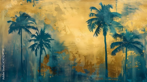 Golden and dark blue and teal palm trees painting . Great for wall art and home decor.  © Ziyan