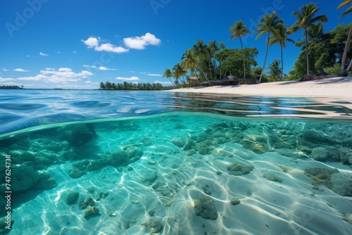 Paradise beach with light sand, turquoise ocean palm trees, blue sky