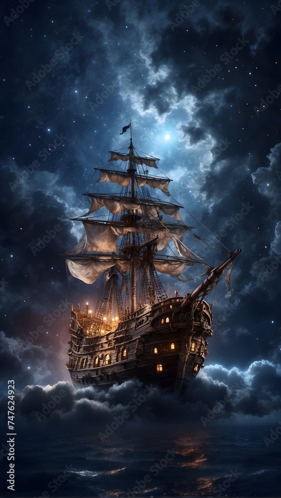 Fototapeta premium Celestial Voyage: A Ship Sailing the Starry Seas of the Night Sky