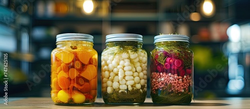 A photo featuring three jars filled with assorted vegetables, showcasing a variety of beneficial microorganisms for the human stomach.