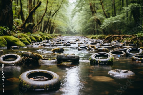 The problem of environmental pollution. Forest river polluted with tires and plastic. photo