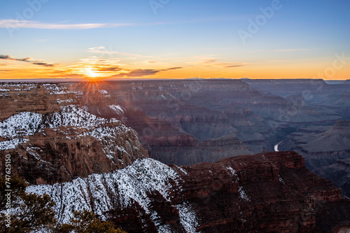 Sunset on the Grand Canyon in winter as seen from Pima Point on the south rim