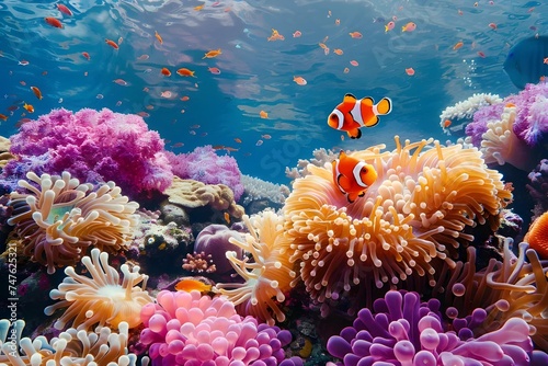 Dive into the mesmerizing world of a thriving coral reef, where a playful clownfish peeks out from its anemone home, showcasing incredible biodiversity. © JewJew