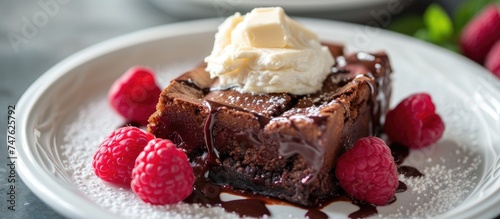 A rich piece of chocolate cake is served on a plate alongside a scoop of creamy ice cream and garnished with fresh raspberries.