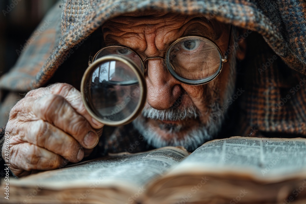 Senior detective man with spectacles, peering through a magnifying glass at an old book