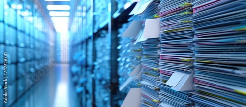A very long room with rows of files neatly organized on the wall, showcasing the efficient file management system of Integrated Document Solutions. The room is designed for secure access and seamless photo