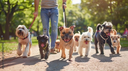 Man pet sitter walking a pack of cute different breed and rescue dogs on leash in the park, Happy pets and dog lovers photo