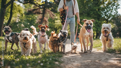 Man pet sitter walking a pack of cute different breed and rescue dogs on leash in the park, Happy pets and dog lovers photo