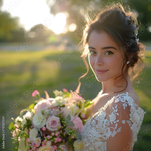 A bride preparing to get married standing on the lawn in a white dress and holding a bouquet