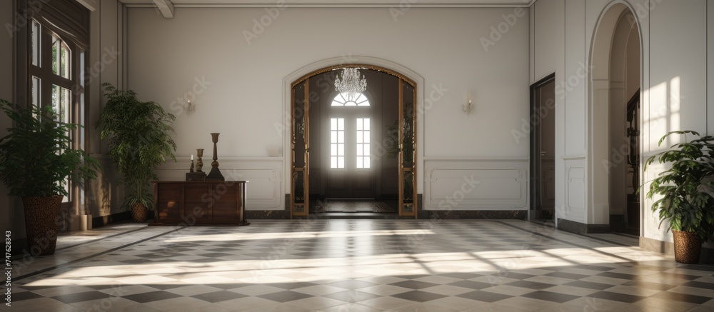 A spacious room with a checkered floor featuring a pattern of black and white tiles. The room contains two doors, one on each side, leading to unknown areas. A spacious room with a checkered floor featuring a pattern of black and white tiles. The room contains two doors, one on each side, leading to unknown areas.