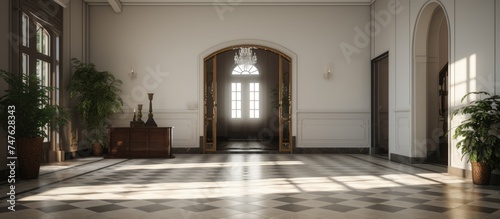 A spacious room with a checkered floor featuring a pattern of black and white tiles. The room contains two doors  one on each side  leading to unknown areas.