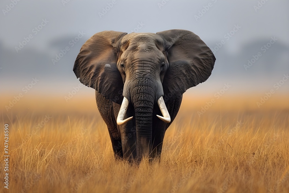 Fototapeta premium African elephant walking on the grassland