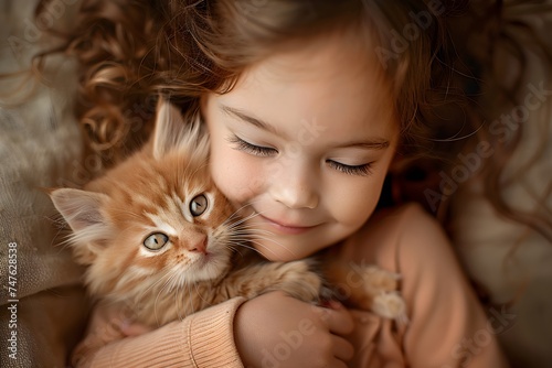 Cute little child loving to hug a kitten