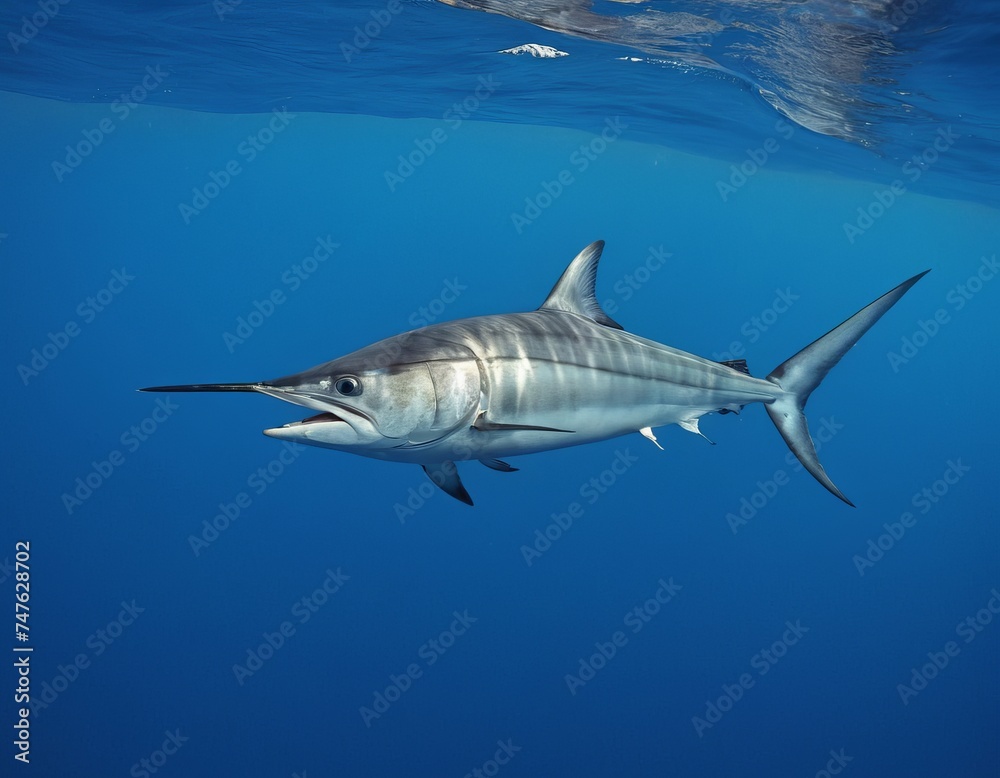 Fototapeta premium Summer composition. Swordfish swimming in the clear waters of the ocean. Concept for design, poster, fishing, recreation related to the sea or ocean.