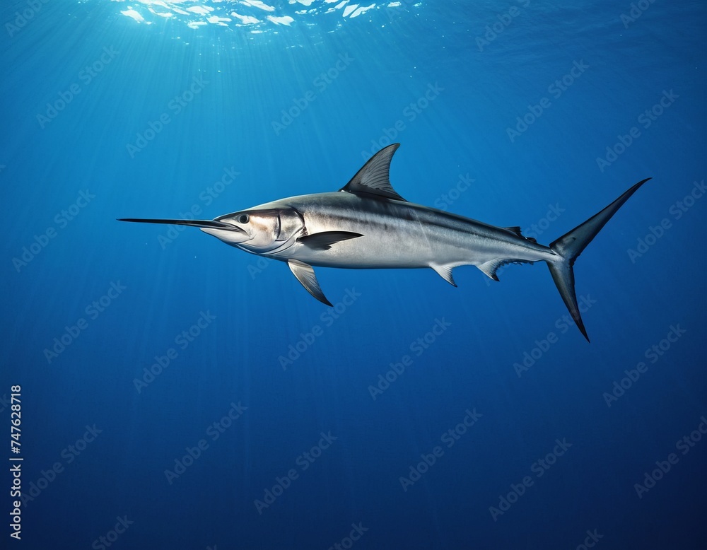 Fototapeta premium Summer composition. Swordfish swimming in the clear waters of the ocean. Concept for design, poster, fishing, recreation related to the sea or ocean.