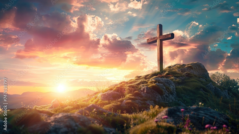 Fototapeta premium Christian cross on hill outdoors at sunset. Crucifixion Of Jesus