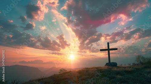 Christian cross on hill outdoors at sunset. Crucifixion Of Jesus photo