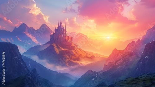 Mysterious medieval castle in the mountains against the backdrop of a magnificent summer sunset. Fantasy background, digital art © Ziyan Yang