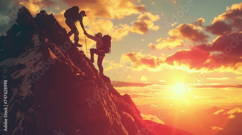 Male and female hikers climbing up mountain cliff and one of them giving helping hand. People helping and  team work concept.
