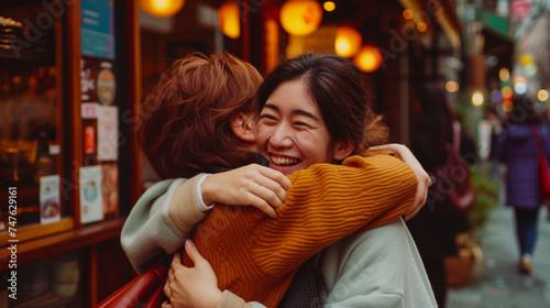 カフェの外で抱き合う日本人女性2人GenerativeAI