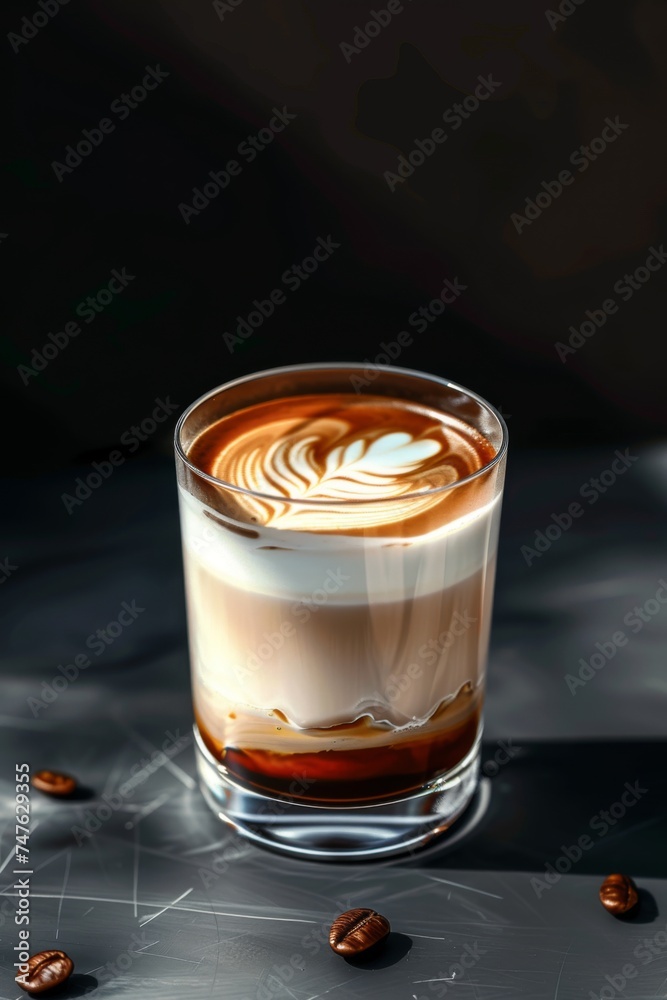 Artfully Crafted Layered Cappuccino With Heart Latte Art in a Clear Glass Artfully Crafted Layered Cappuccino With Heart Latte Art in a Clear Glass