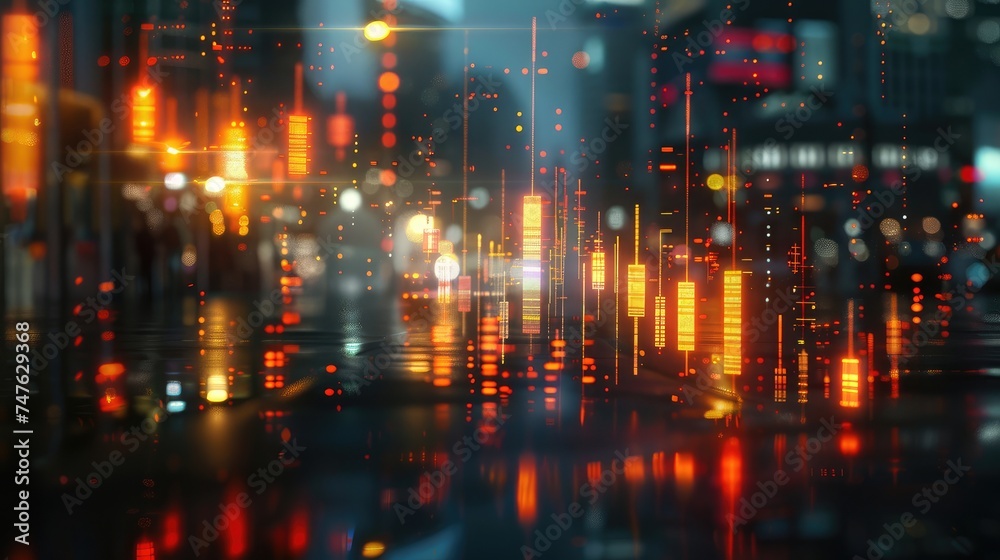 Abstract glowing big data forex candlestick chart on blurry city backdrop. Trade, technology, investment and analysis concept. Abstract glowing big data forex candlestick chart on blurry city backdrop. Trade, technology, investment and analysis concept.