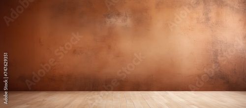 An empty room featuring a brown wall made of clay, a wooden floor, and a vintage background, with a rustic and exclusive interior design.