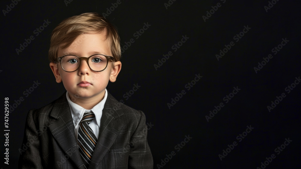 little boy in suit isolated on black