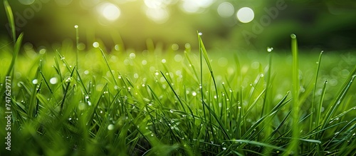 This photo captures a close-up view of vibrant young grass blades with water droplets glistening on them. The fresh green color and detailed droplets create a refreshing and serene image.