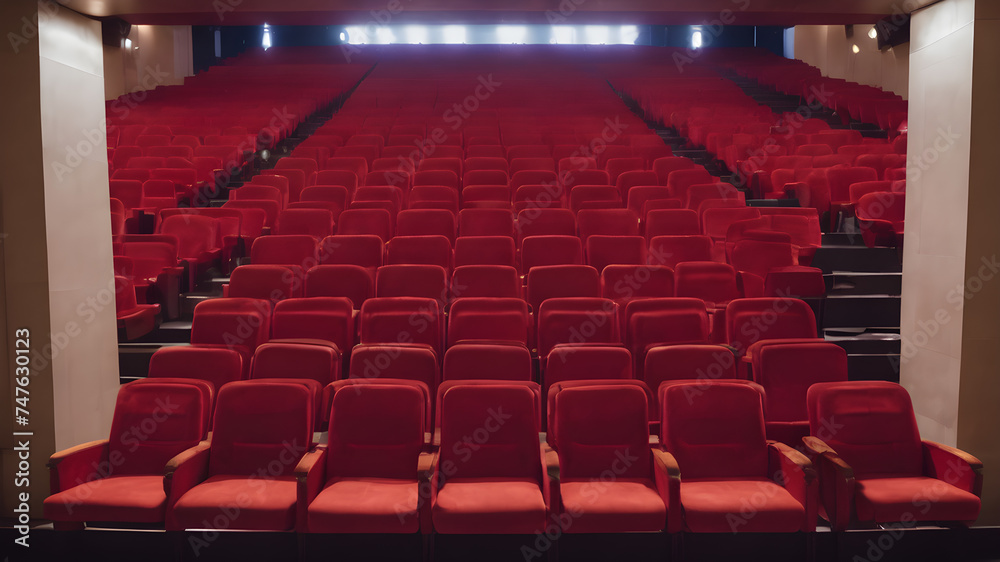 Naklejka premium Empty red seats cinema rows seats. Movie night concept, Red seats rows in empty cinema hall, empty chairs