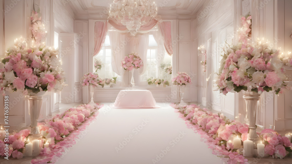 Fototapeta premium Beautiful romantic and luxury interior wedding hall decoration for a romantic wedding ceremony, pink flowers decor