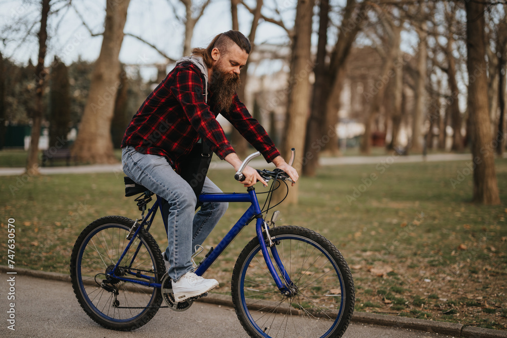 Casual bearded male riding a blue mountain bike on a park path surrounded by trees with autumn leaves Casual bearded male riding a blue mountain bike on a park path surrounded by trees with autumn leaves