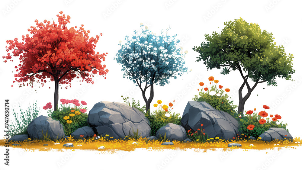 Grupa drzew rosnących obok skał w naturalnym otoczeniu. Krajobraz ten ukazuje harmonię między roślinnością a skalistym terenem - obrazy, fototapety, plakaty 