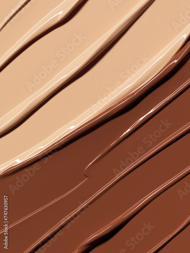 Makeup Liquid foundation range composition background. BB CC Cream Concealer texture. Cosmetic product brush swatch