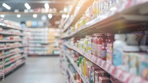 Pharmacy store drugs shelves, pharmacy business store, showcasing various types of prescription medications medical supplies, Shelves with Health Care Products, Concept of pharmacist, blurred image