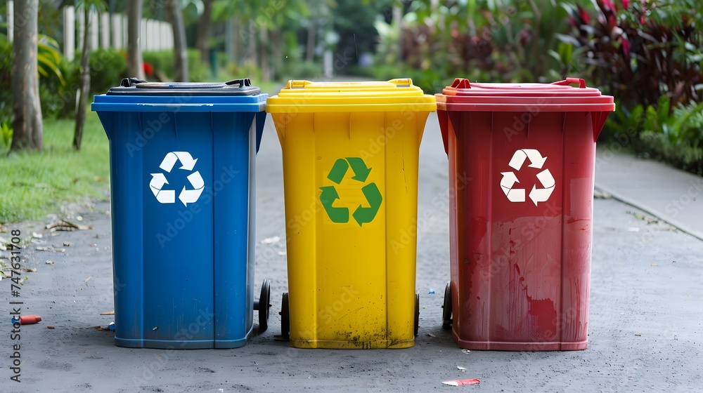 Plastic, glass, metal, and paper recycle bins, Trash cans for garbage separation, Collection of waste bins of different types of garbage recycling, and separate waste collection concept Plastic, glass, metal, and paper recycle bins, Trash cans for garbage separation, Collection of waste bins of different types of garbage recycling, and separate waste collection concept