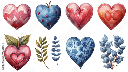 Grupa serc różniących się wzorami i kolorami. Każde serce ma inny design i wygląd, co tworzy interesującą i kreatywną kompozycję. Watercolor painting.