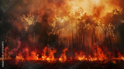 Rainforest fire, wildfire, smoke disaster is burning caused by humans during the dry season 