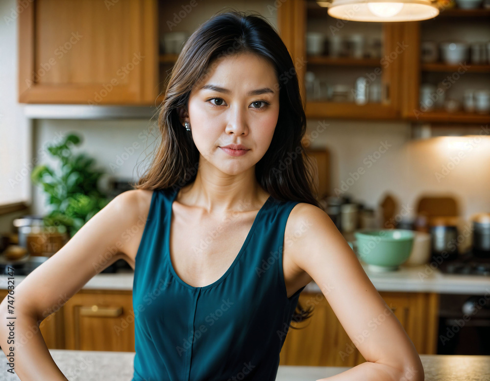 photo of beautiful asian woman as a happy wife at kitchenroom, generative AI photo of beautiful asian woman as a happy wife at kitchenroom, generative AI